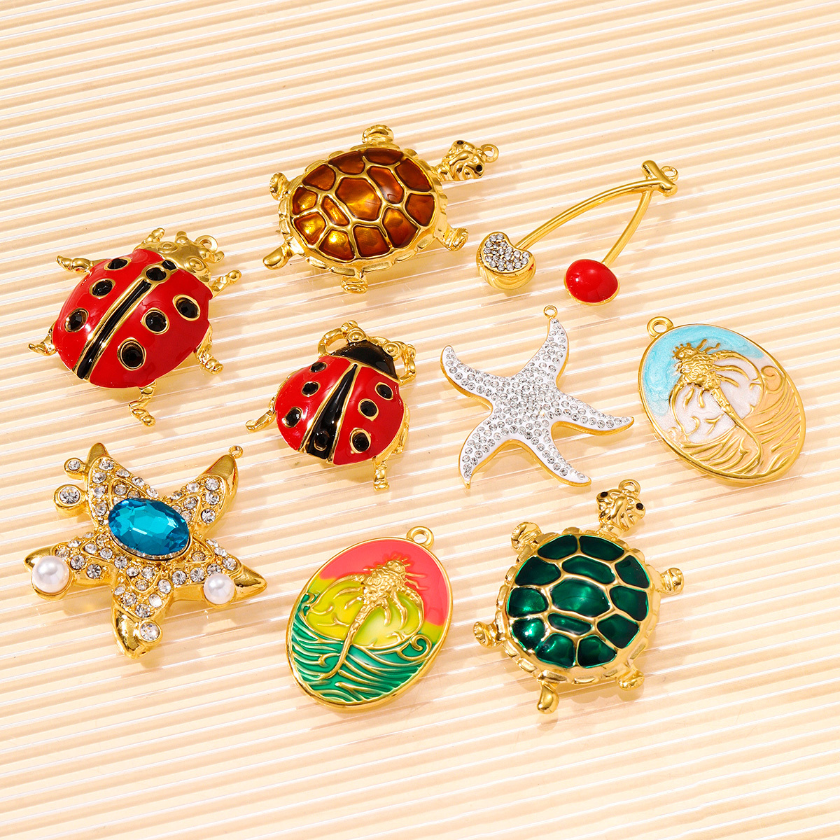 6pcs/pack Stainless Steel Rhinestone Starfish Turtle Diy Charms Enamel Cherry Ladybird Earring Pendants Women Ocean Fish Jewelry