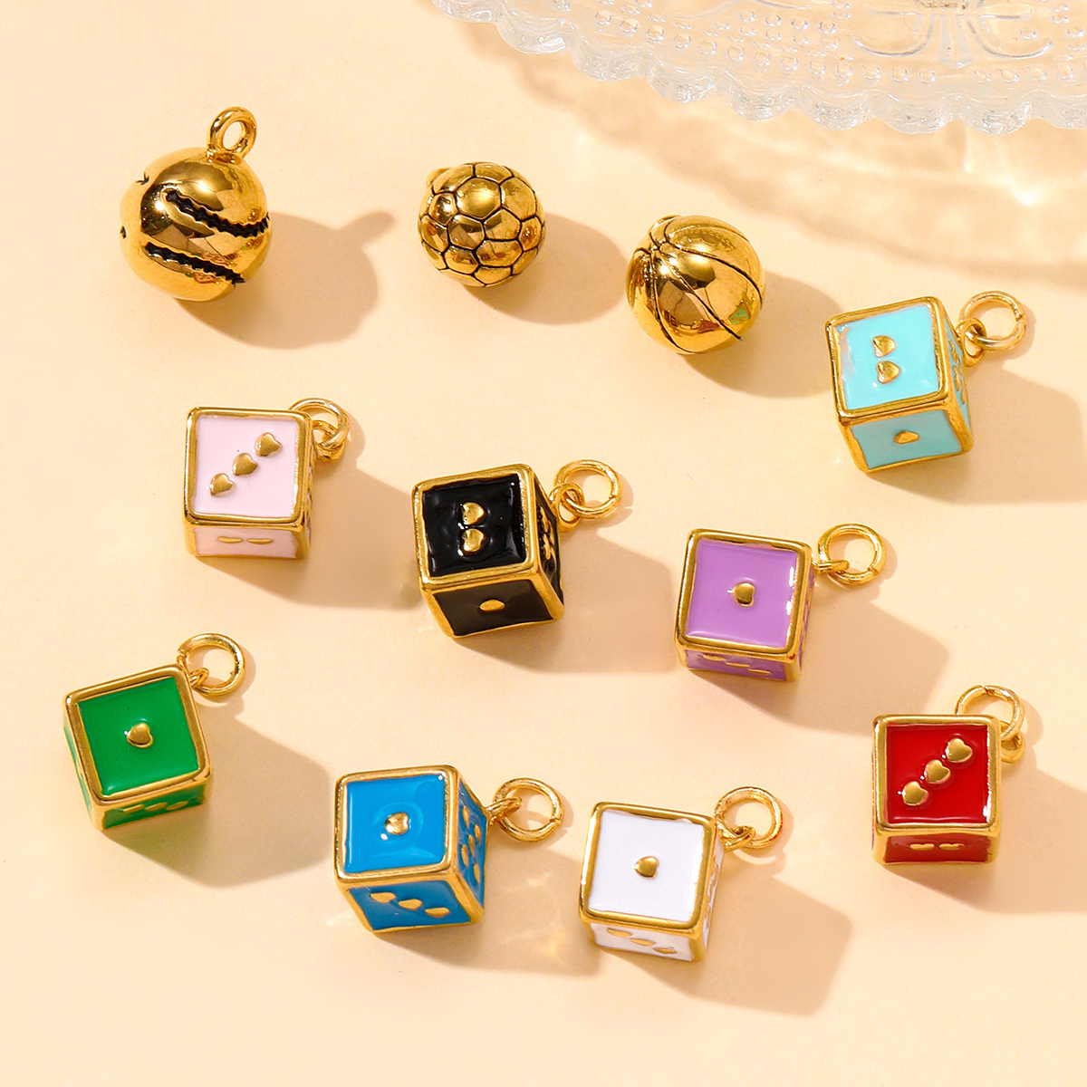 6pcs/pack Stainless Steel Baseball Football Basketball Diy Charms Enamel Ename Dice Necklace Pendants Women Sports Style Jewelry