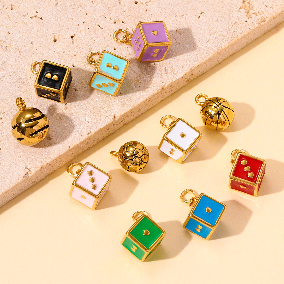 6pcs/pack Stainless Steel Baseball Football Basketball Diy Charms Enamel Ename Dice Necklace Pendants Women Sports Style Jewelry