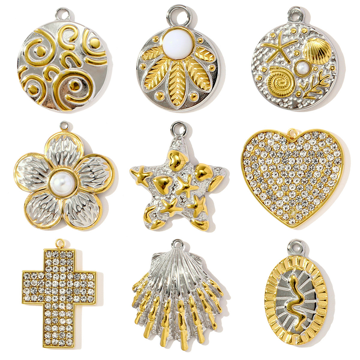 6pcs/pack Stainless Steel Two Tone Love Heart Cross Diy Charms Starfish Butterfly Snake Pendants Women Leaf Flower Jewelry
