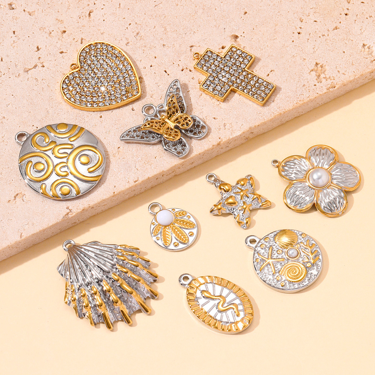 6pcs/pack Stainless Steel Two Tone Love Heart Cross Diy Charms Starfish Butterfly Snake Pendants Women Leaf Flower Jewelry