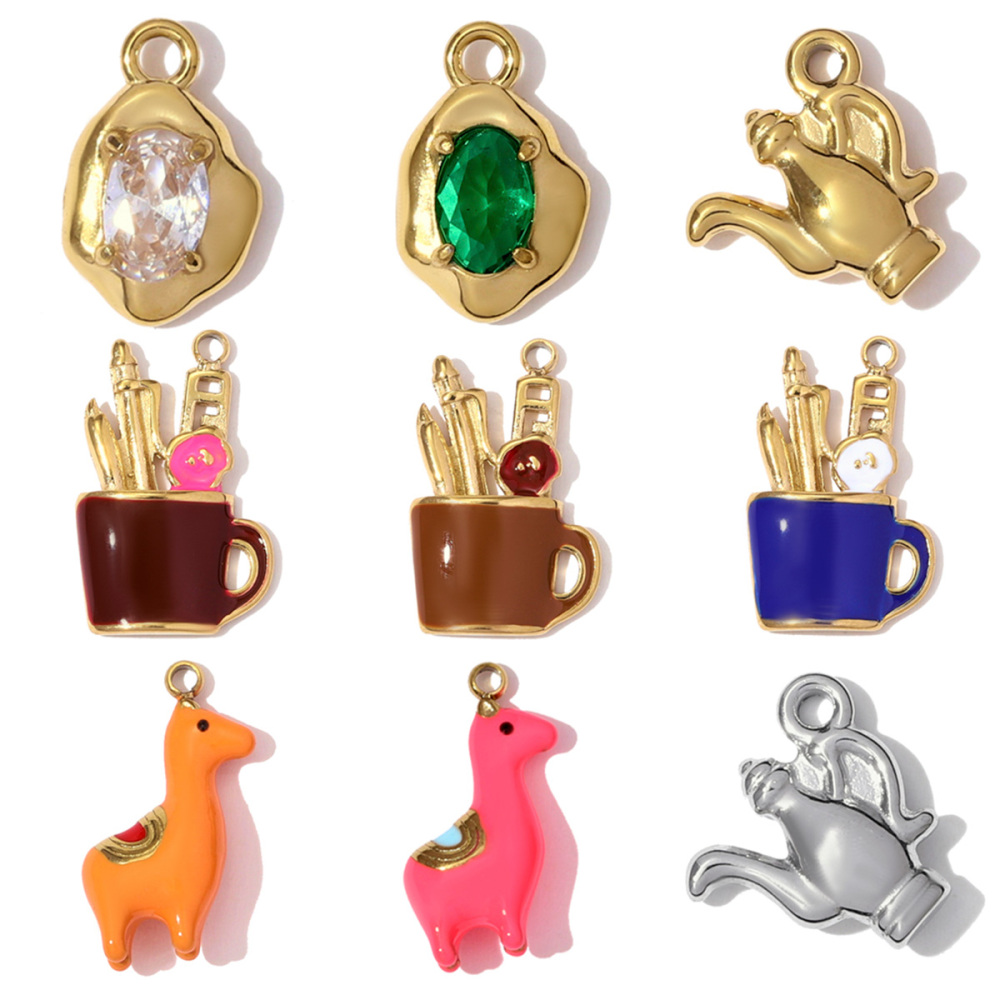 6pcs/pack Stainless Steel Enamel Alpaca Teapot Necklace Pendant Pen Holder DIY Charm Women Rhinestone Waterdrop Jewelry Wholesale