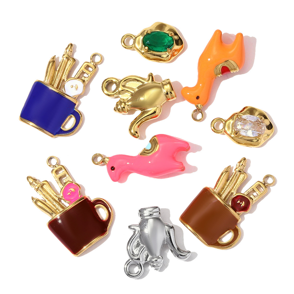 6pcs/pack Stainless Steel Enamel Alpaca Teapot Necklace Pendant Pen Holder DIY Charm Women Rhinestone Waterdrop Jewelry Wholesale