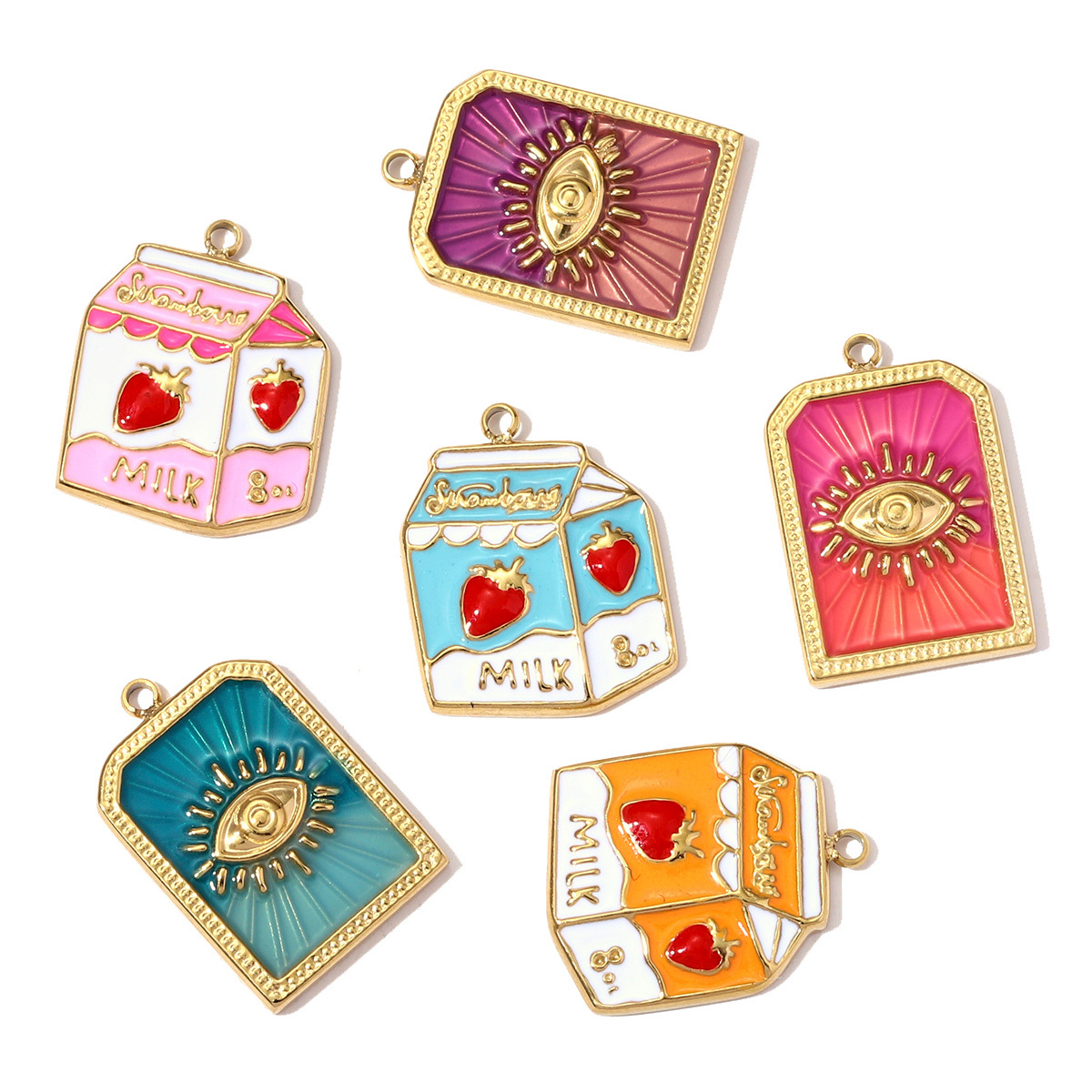 6pcs/pack Fashion Stainless Steel Enamel Evil Eye Necklace Pendant Straberry Milk DIY Charm Women Yogurt Box Jewelry Wholesale