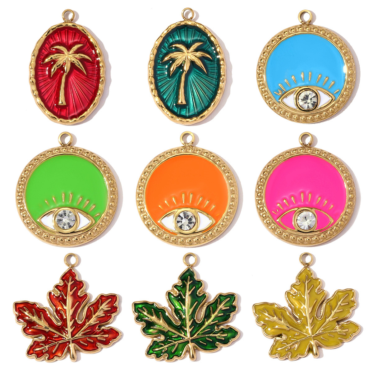 6pcs/pack French Retro Stainless Steel Enamel Maple Leaf Necklace Pendant Crystal Eye DIY Charm Women Plam Tree Jewelry Wholesale