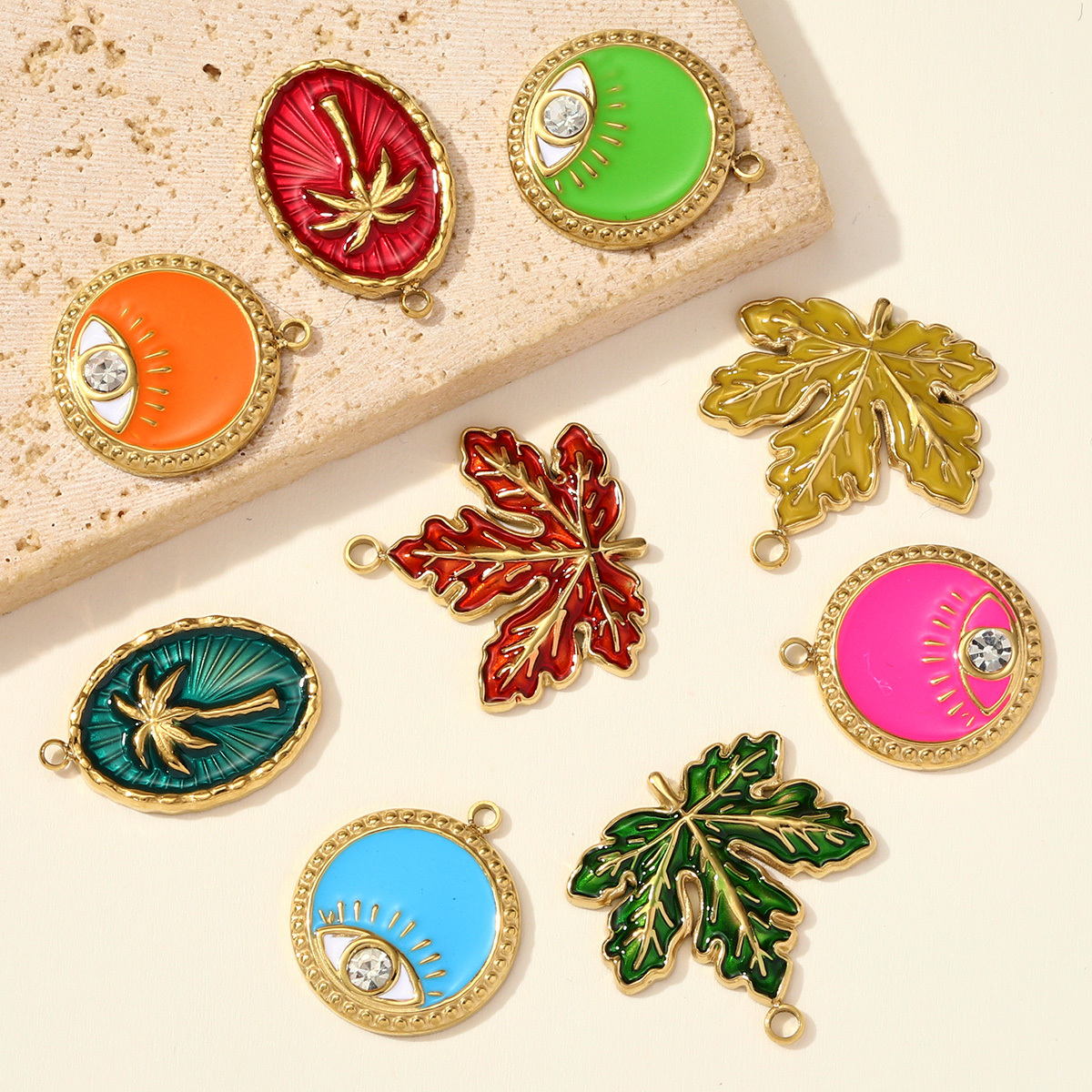 6pcs/pack French Retro Stainless Steel Enamel Maple Leaf Necklace Pendant Crystal Eye DIY Charm Women Plam Tree Jewelry Wholesale