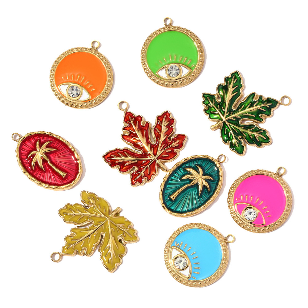 6pcs/pack French Retro Stainless Steel Enamel Maple Leaf Necklace Pendant Crystal Eye DIY Charm Women Plam Tree Jewelry Wholesale