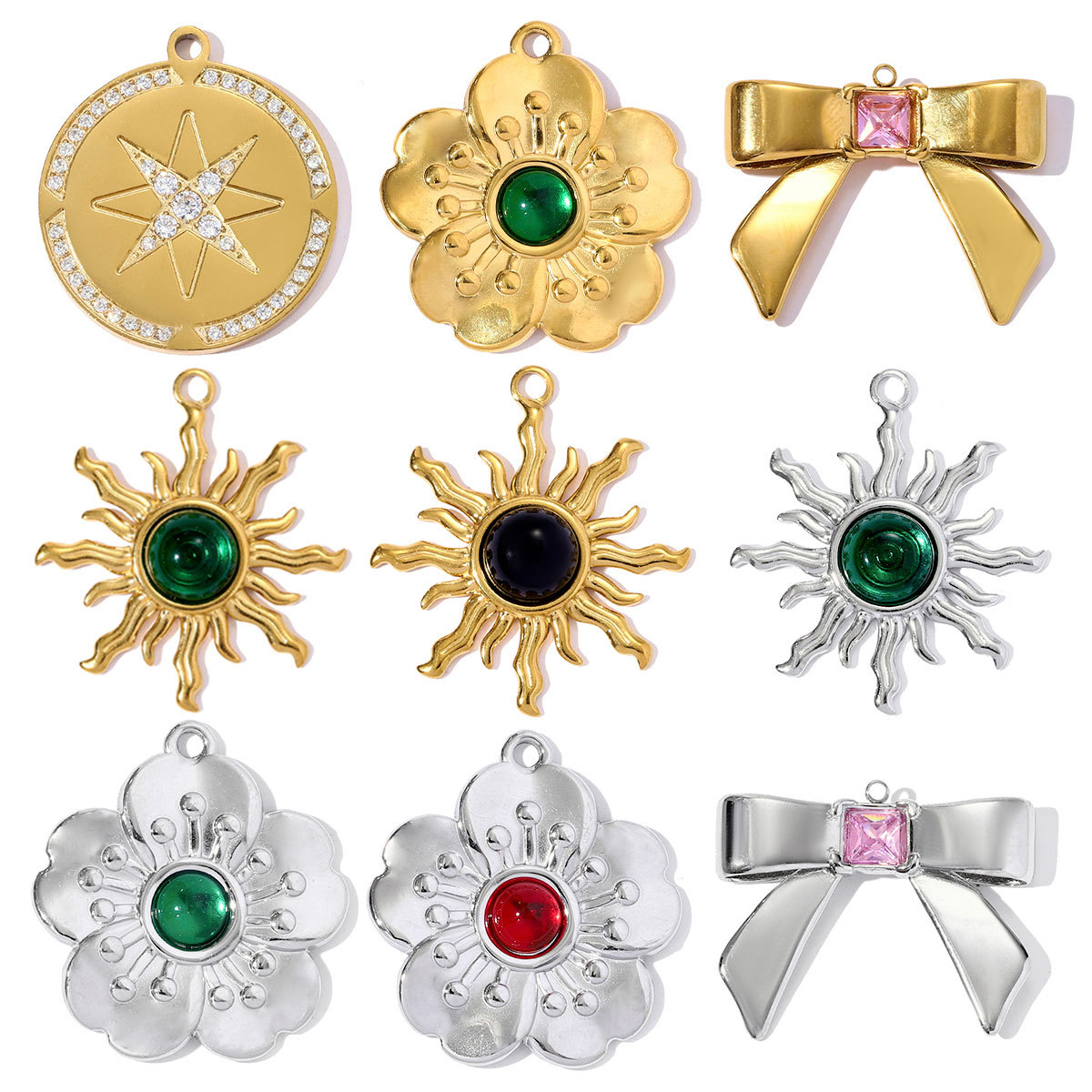 6pcs/pack Fashion Stainless Steel Rhinestone Sun Necklace Pendant Flower DIY Earring Charm Women Bowknot Star Jewelry Wholesale