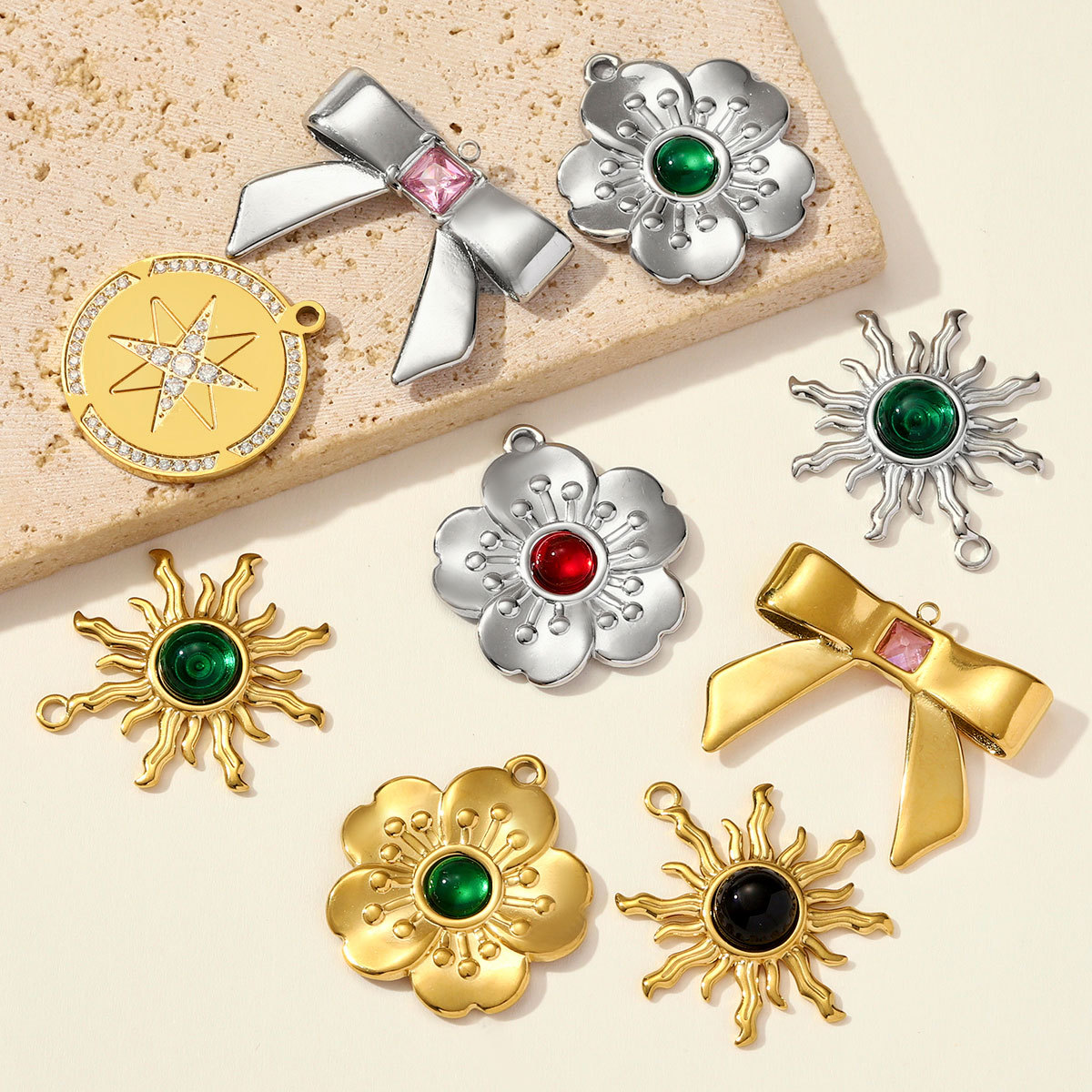 6pcs/pack Fashion Stainless Steel Rhinestone Sun Necklace Pendant Flower DIY Earring Charm Women Bowknot Star Jewelry Wholesale