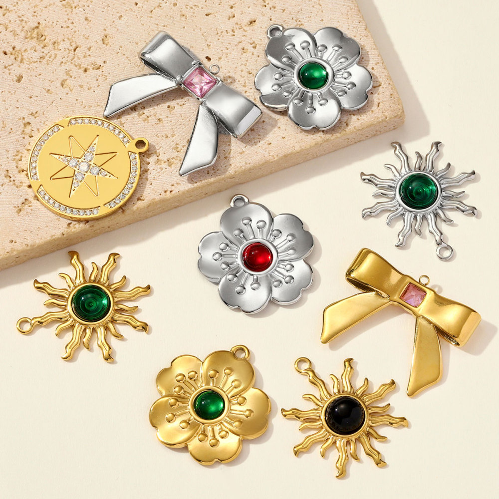 6pcs/pack Fashion Stainless Steel Rhinestone Sun Necklace Pendant Flower DIY Earring Charm Women Bowknot Star Jewelry Wholesale