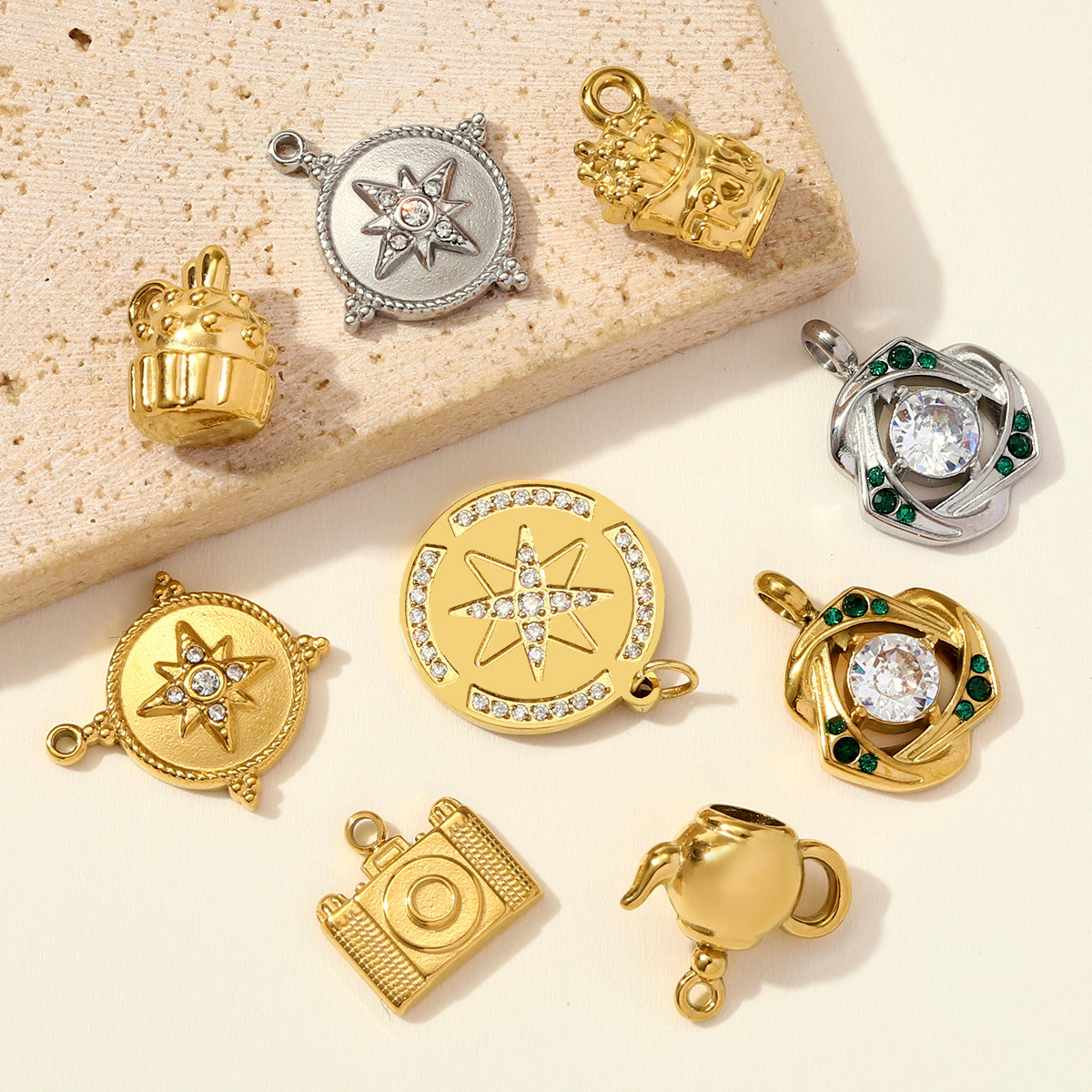 6pcs/pack Stainless Steel Camera Cupcake Necklace Pendant Crystal Star Flower DIY Earring Charm Women French Fries Jewelry Wholesale