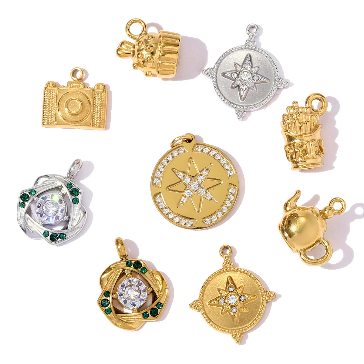 6pcs/pack Stainless Steel Camera Cupcake Necklace Pendant Crystal Star Flower DIY Earring Charm Women French Fries Jewelry Wholesale