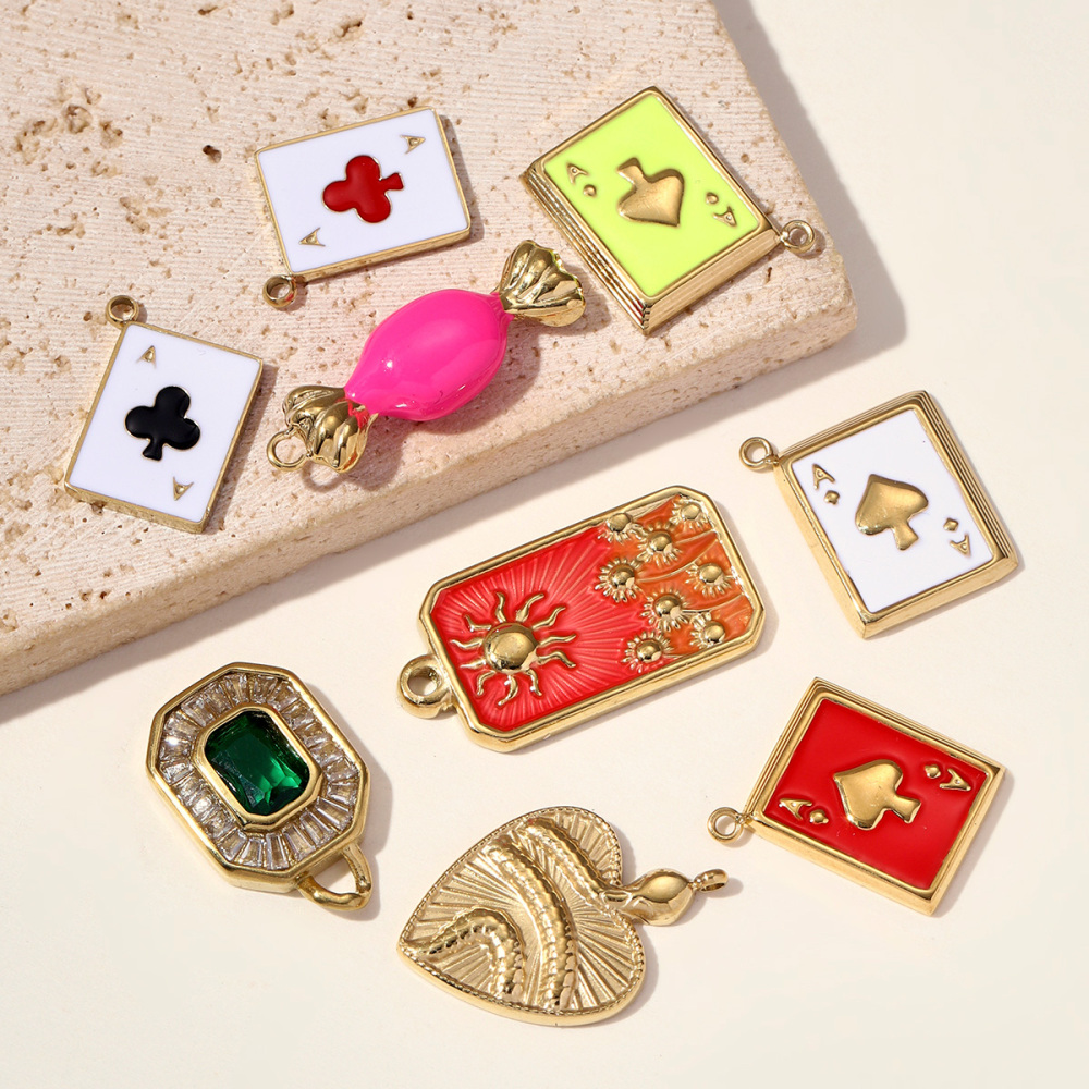 6pcs/pack Enamel Ace of Heart Stainless Steel DIY Earring Charm Clover Candy Sun Tarot Card Pendant Women Necklace Making Jewelry