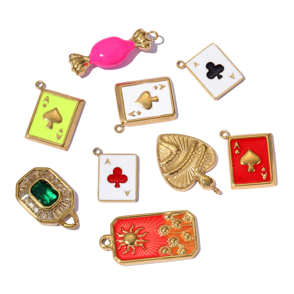 6pcs/pack Enamel Ace of Heart Stainless Steel DIY Earring Charm Clover Candy Sun Tarot Card Pendant Women Necklace Making Jewelry