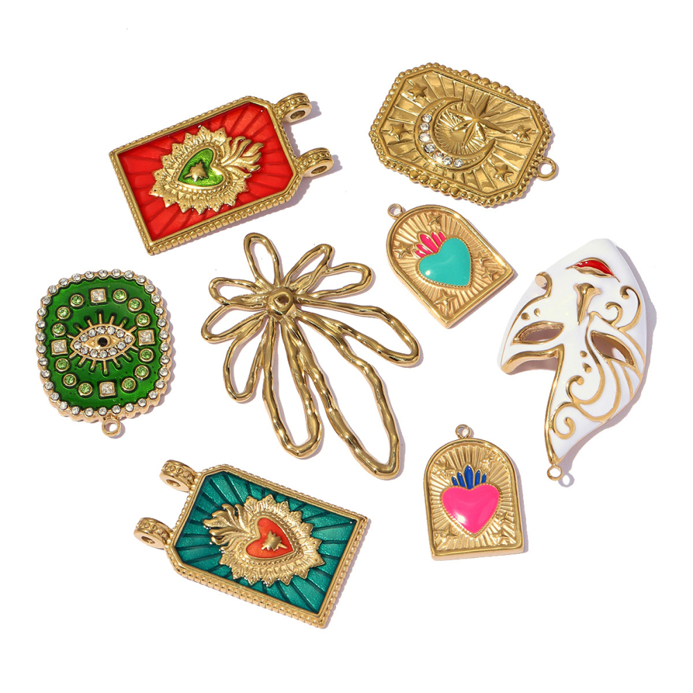 6pcs/pack Enamel Ace of Heart Stainless Steel DIY Earring Charm Clover Candy Sun Tarot Card Pendant Women Necklace Making Jewelry