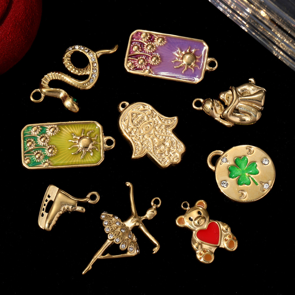 6pcs/pack Unique Hamsa Hand Ballet Girl Stainless Steel DIY Charm Enamel Bear Clover Sun Pendants Women Handmade Necklace Jewelry