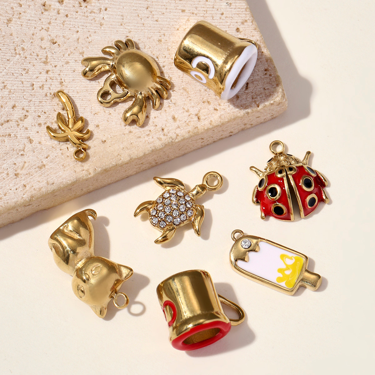 6pcs/pack Stainless Steel Enamel Ice Cream Turtle Cone DIY Charm Woman Coffee Cup Cat Pendant Jewelry Necklace Earring Making