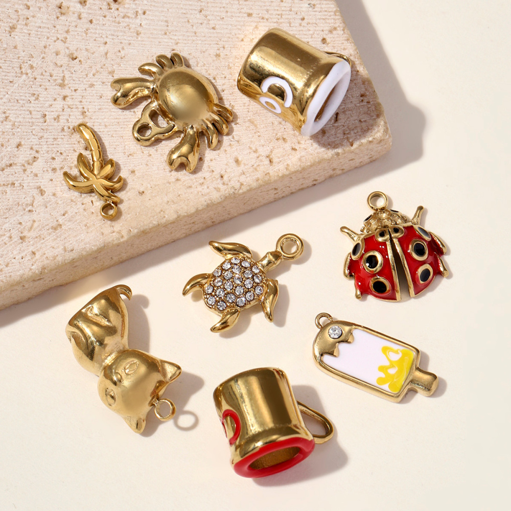 6pcs/pack Stainless Steel Enamel Ice Cream Turtle Cone DIY Charm Woman Coffee Cup Cat Pendant Jewelry Necklace Earring Making