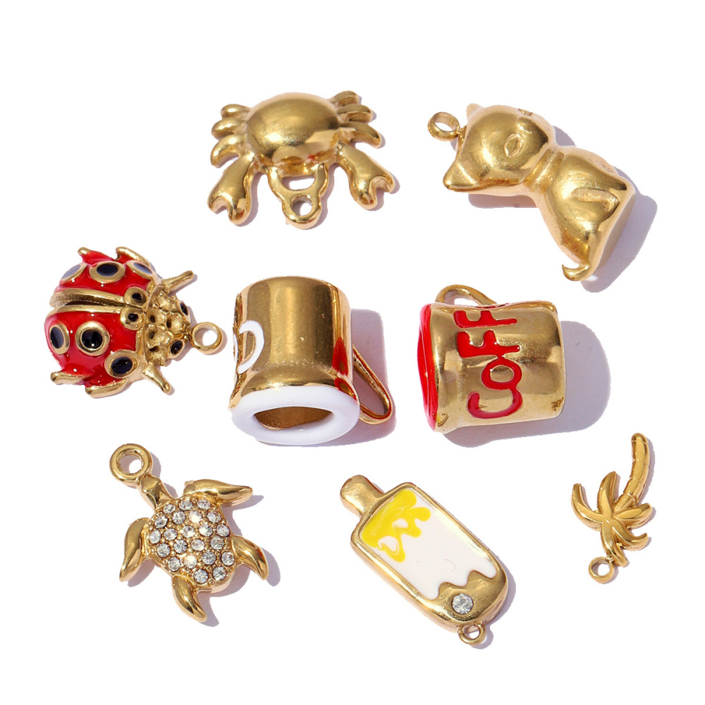 6pcs/pack Stainless Steel Enamel Ice Cream Turtle Cone DIY Charm Woman Coffee Cup Cat Pendant Jewelry Necklace Earring Making