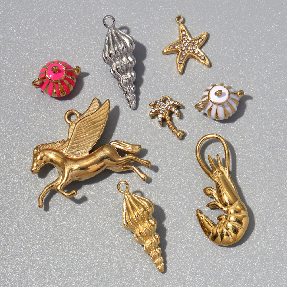 6pcs/pack Pegasus Palm Tree Lobster Stainless Steel DIY Charms Women Jewelry Conch Starfish Sun  Kettle Pendant Necklace Making