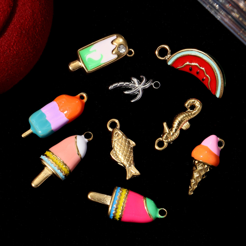 6pcs/pack Summer Ice Cream Cone Stainless Steel DIY Bracelet Charm Woman Shrimp Plam Tree Turtle Pendant Jewelry Necklace Making