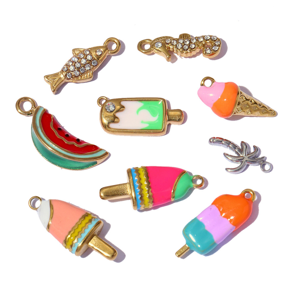 6pcs/pack Stainless Steel Enamel Ice Cream Turtle Cone DIY Charm Woman Coffee Cup Cat Pendant Jewelry Necklace Earring Making