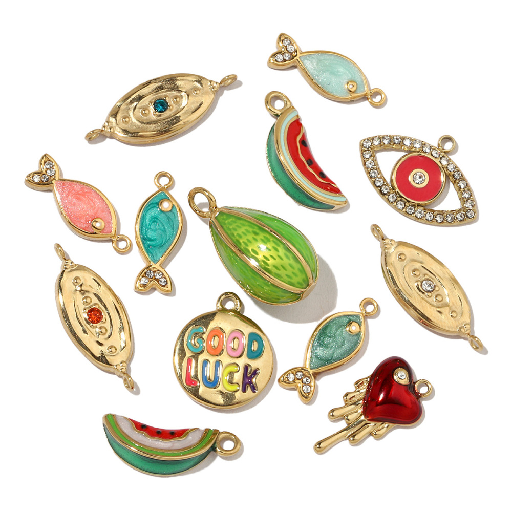 6pcs/pack French Fish Enamel Stainless Steel Diy Charms Women Watermelon Earring Necklace Pendant Heart Eye Jewelry