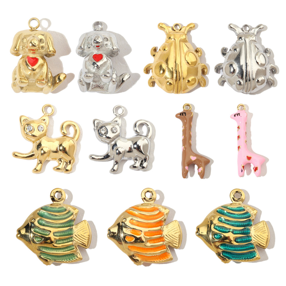 6pcs/pack French Dog Cat Stainless Steel Diy Charms Women Giraffe Animal Earring Necklace Pendant Ladybug Fish Jewelry