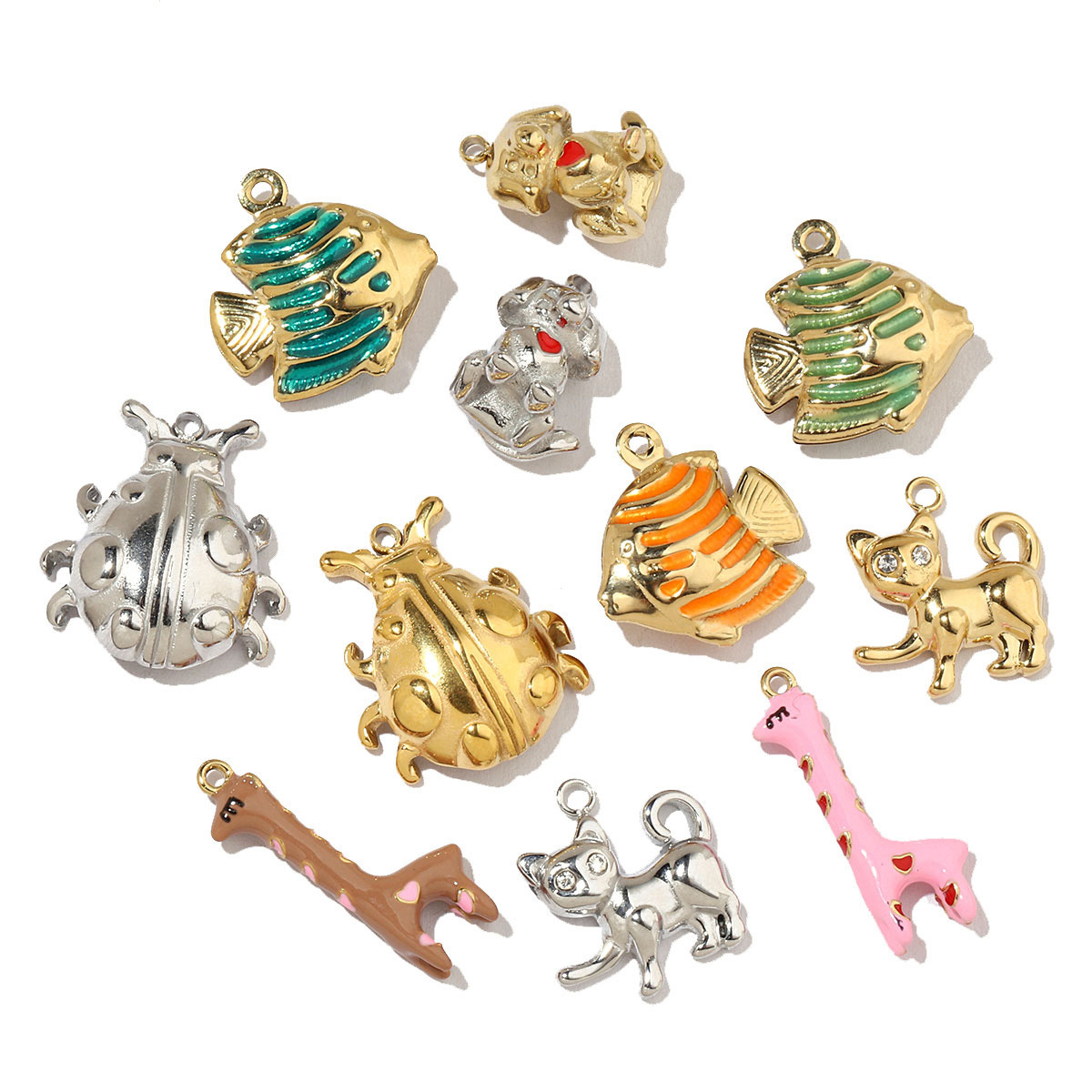 6pcs/pack French Dog Cat Stainless Steel Diy Charms Women Giraffe Animal Earring Necklace Pendant Ladybug Fish Jewelry