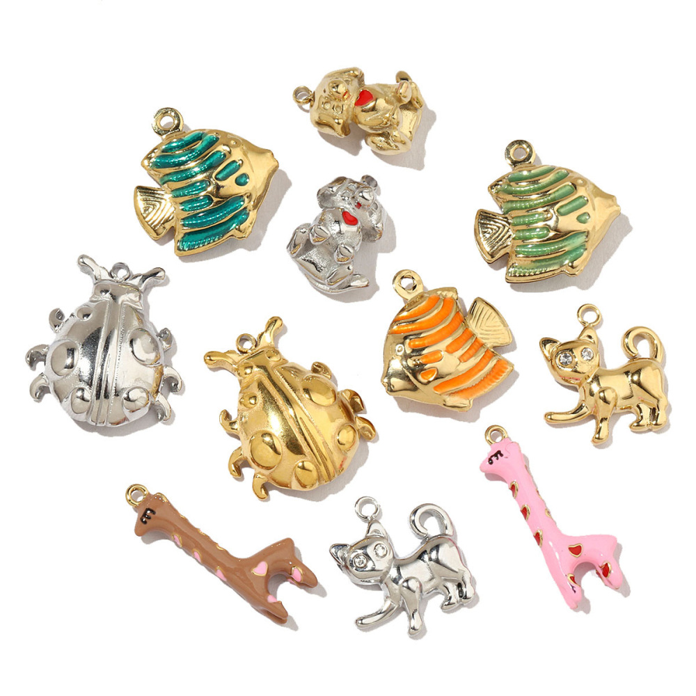 6pcs/pack French Dog Cat Stainless Steel Diy Charms Women Giraffe Animal Earring Necklace Pendant Ladybug Fish Jewelry