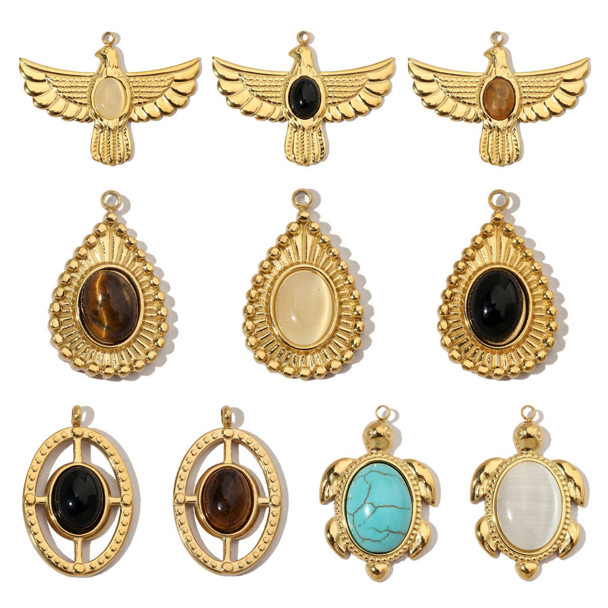 6pcs/pack French Eagle Natural Stone Stainless Steel Diy Charms Women Turtle Necklace Pendant Waterdrop Tiger Eye Jewelry