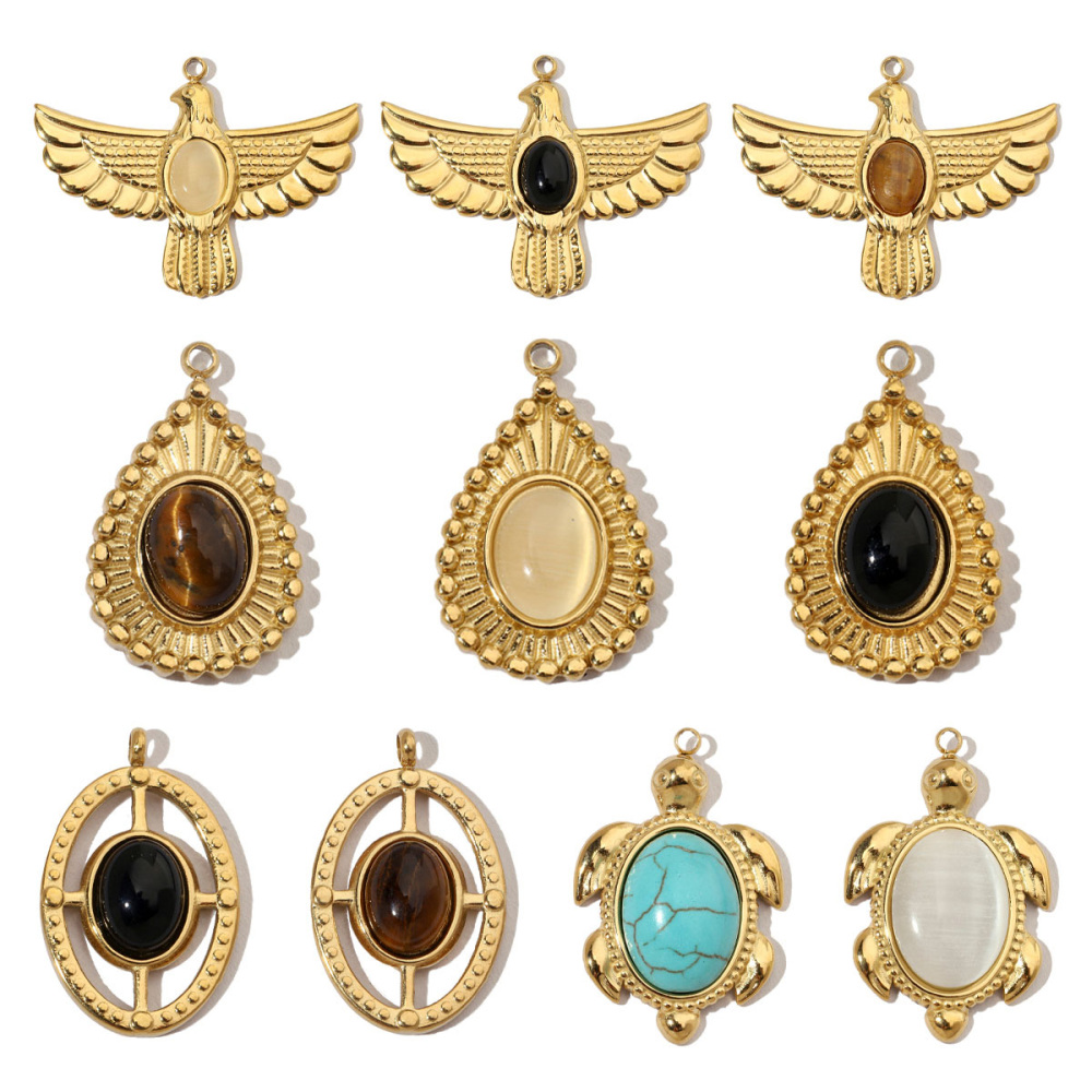 6pcs/pack French Eagle Natural Stone Stainless Steel Diy Charms Women Turtle Necklace Pendant Waterdrop Tiger Eye Jewelry