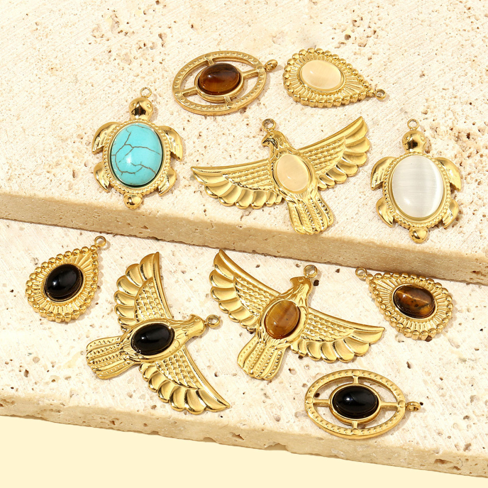 6pcs/pack French Eagle Natural Stone Stainless Steel Diy Charms Women Turtle Necklace Pendant Waterdrop Tiger Eye Jewelry