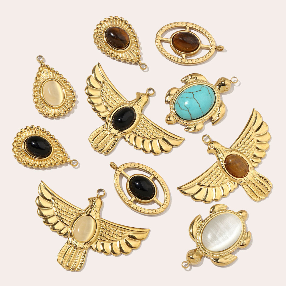 6pcs/pack French Eagle Natural Stone Stainless Steel Diy Charms Women Turtle Necklace Pendant Waterdrop Tiger Eye Jewelry