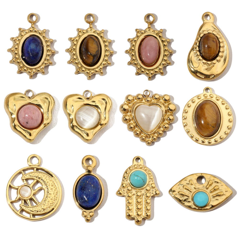 6pcs/pack French Moon Star Natural Stone Stainless Steel Diy Charms Women Heart Eye Necklace Pendant Hand Shell Jewelry