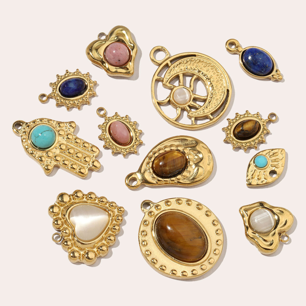 6pcs/pack French Moon Star Natural Stone Stainless Steel Diy Charms Women Heart Eye Necklace Pendant Hand Shell Jewelry