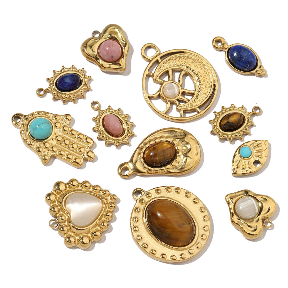 6pcs/pack French Moon Star Natural Stone Stainless Steel Diy Charms Women Heart Eye Necklace Pendant Hand Shell Jewelry