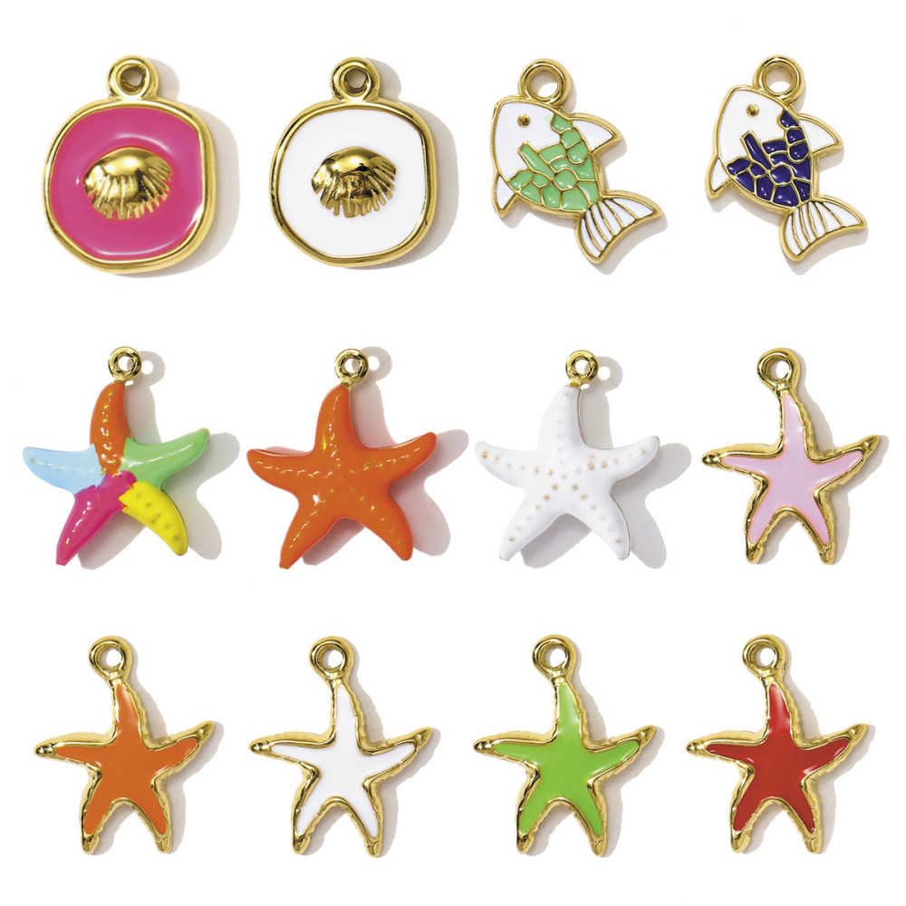 6pcs/pack Stainless Steel Enamel Shell Fish Necklace Pendants Painted Starfish DIY Earring Charms Women Summer Holiday Jewelry