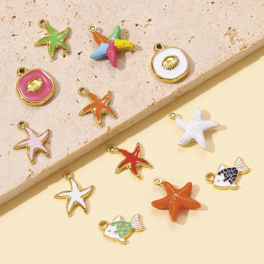 6pcs/pack Stainless Steel Enamel Shell Fish Necklace Pendants Painted Starfish DIY Earring Charms Women Summer Holiday Jewelry