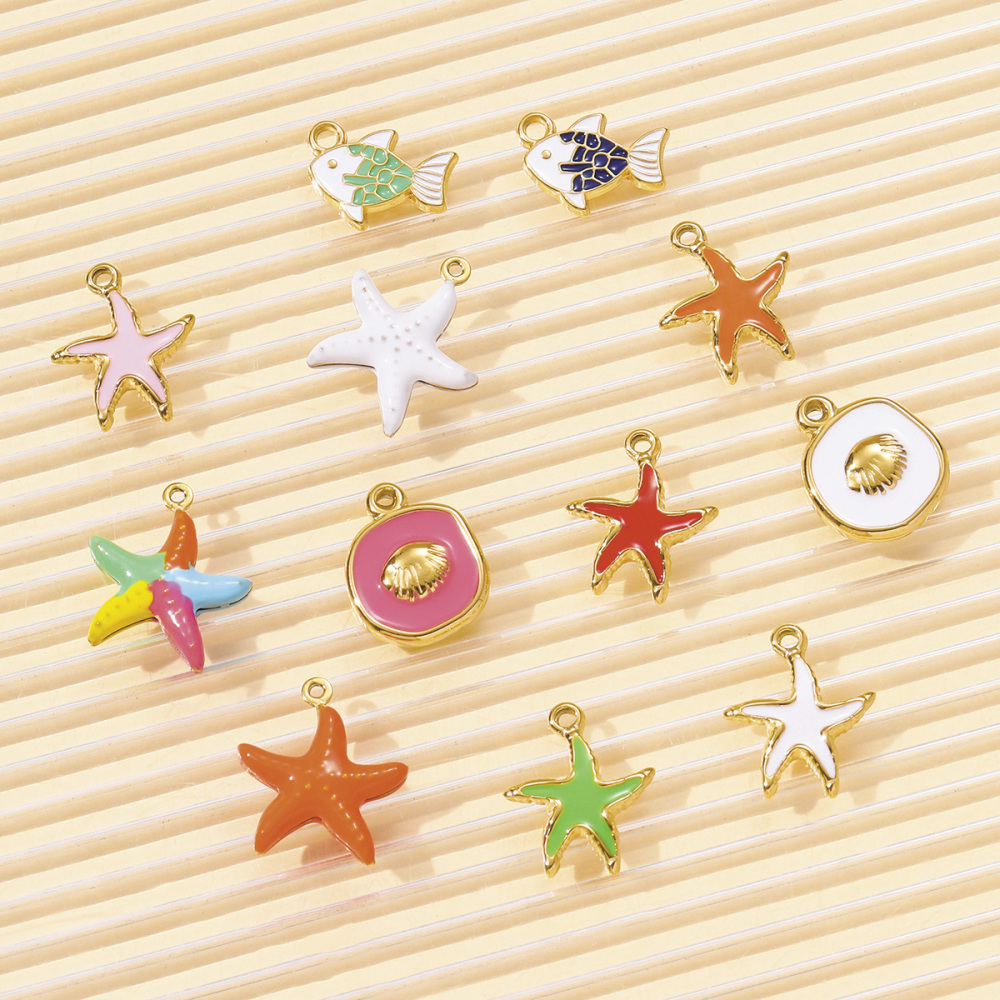6pcs/pack Stainless Steel Enamel Shell Fish Necklace Pendants Painted Starfish DIY Earring Charms Women Summer Holiday Jewelry