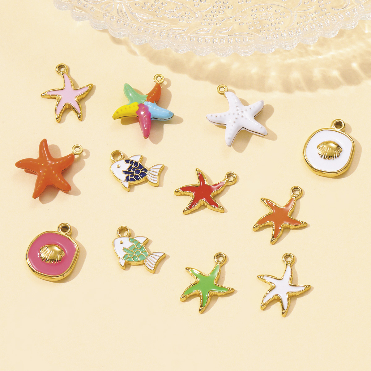 6pcs/pack Stainless Steel Enamel Shell Fish Necklace Pendants Painted Starfish DIY Earring Charms Women Summer Holiday Jewelry