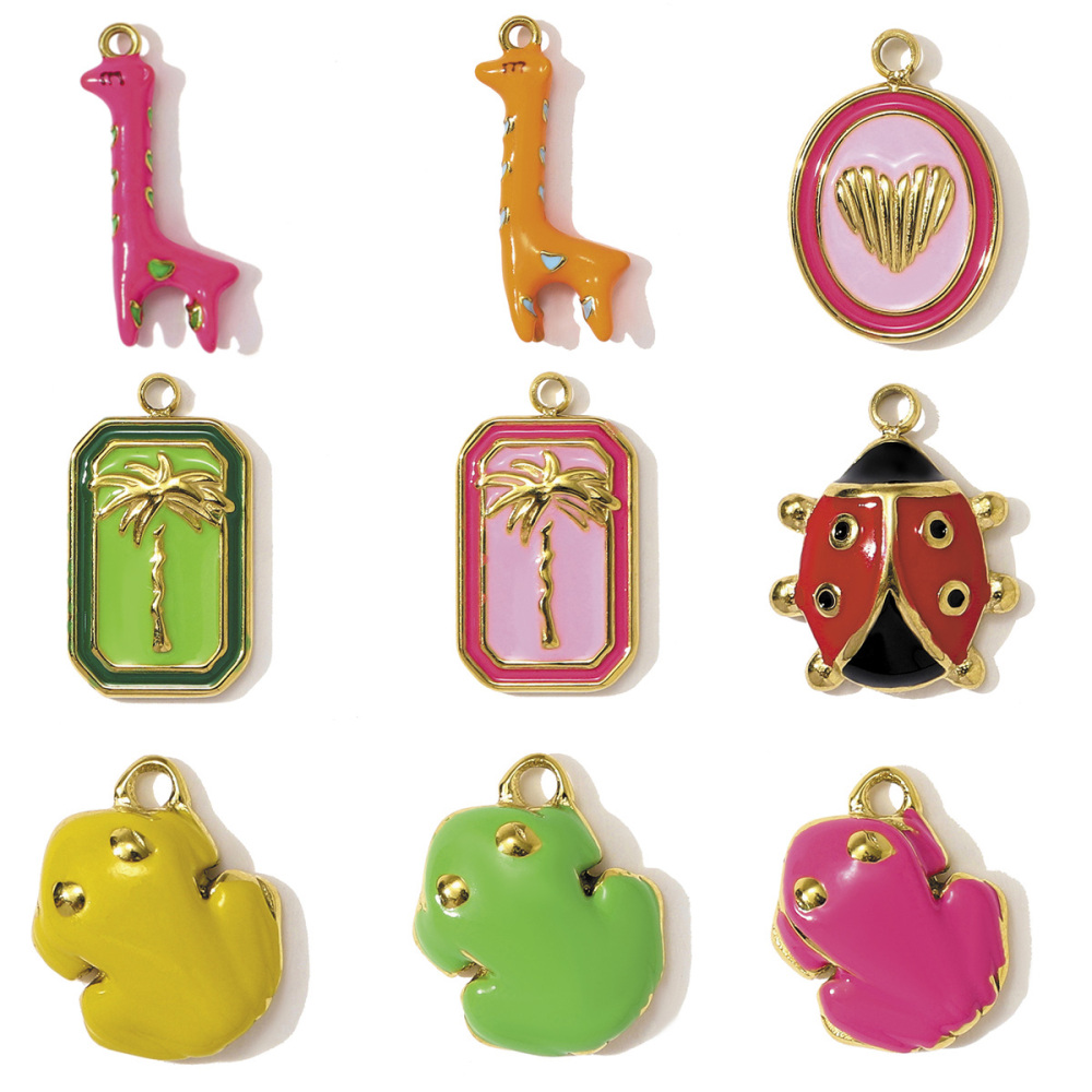 6pcs/pack Stainless Steel Enamel Giraffe Frog Necklace Pendants Painted Plam Tree Ladybird DIY Charms Women Love Heart Jewelry