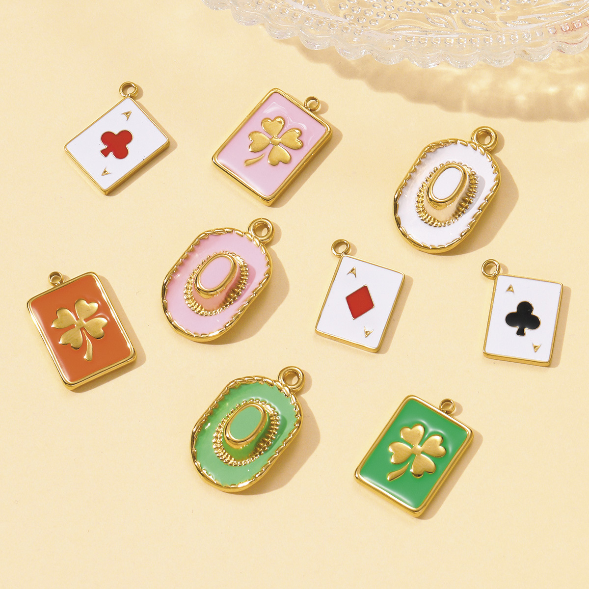6pcs/pack French Enamel Clover Stainless Steel Necklace Pendants Painted Lucky Poker DIY Earrings Charms Women Cowboy Hat Jewelry