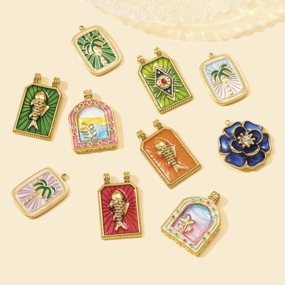6pcs/pack French Stainless Steel Tarot Card Enamel Necklace Pendants Plam Tree Eye DIY Earrings Charms Women Fish Flower Jewelry