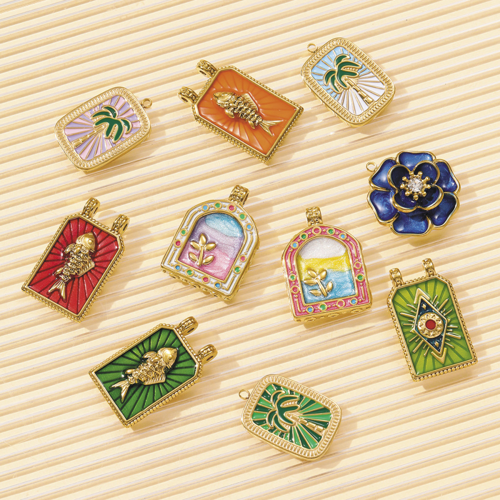 6pcs/pack French Stainless Steel Tarot Card Enamel Necklace Pendants Plam Tree Eye DIY Earrings Charms Women Fish Flower Jewelry