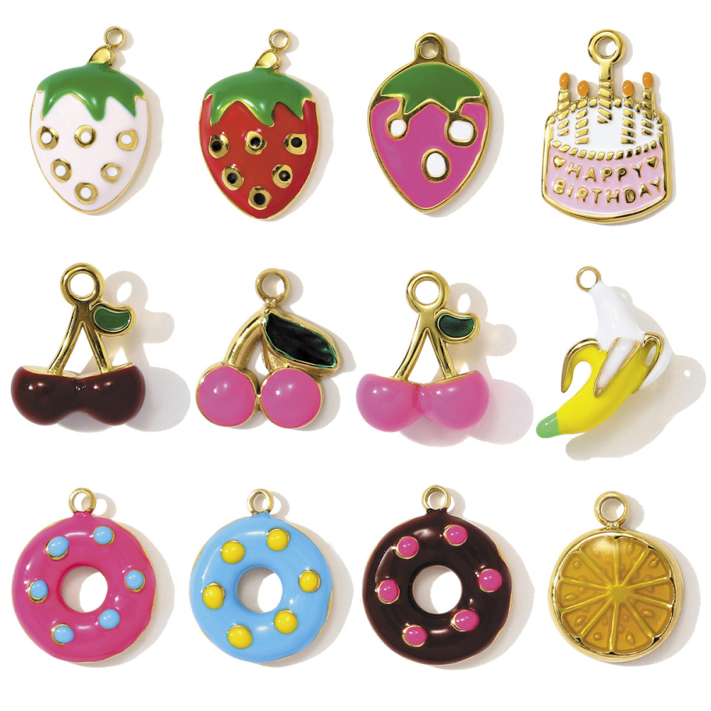 6pcs/pack French Cute Stainless Steel Strawberry Lemon Necklace Pendants Birthday Cake Doughnut DIY Charms Women Cherry Jewelry