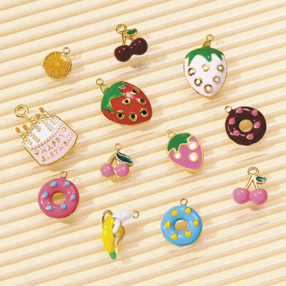 6pcs/pack French Cute Stainless Steel Strawberry Lemon Necklace Pendants Birthday Cake Doughnut DIY Charms Women Cherry Jewelry
