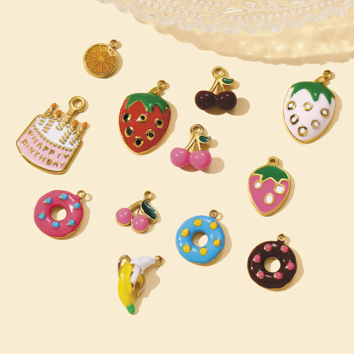 6pcs/pack French Cute Stainless Steel Strawberry Lemon Necklace Pendants Birthday Cake Doughnut DIY Charms Women Cherry Jewelry