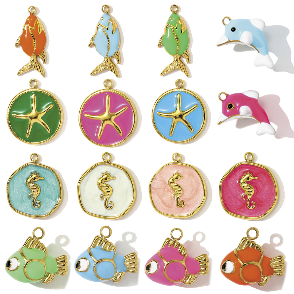 6pcs/pack Stainless Steel Enamel Starfish Seahorse Necklace Pendants Fish Dolphin DIY Bracelet Charms Women Ocean Style Jewelry
