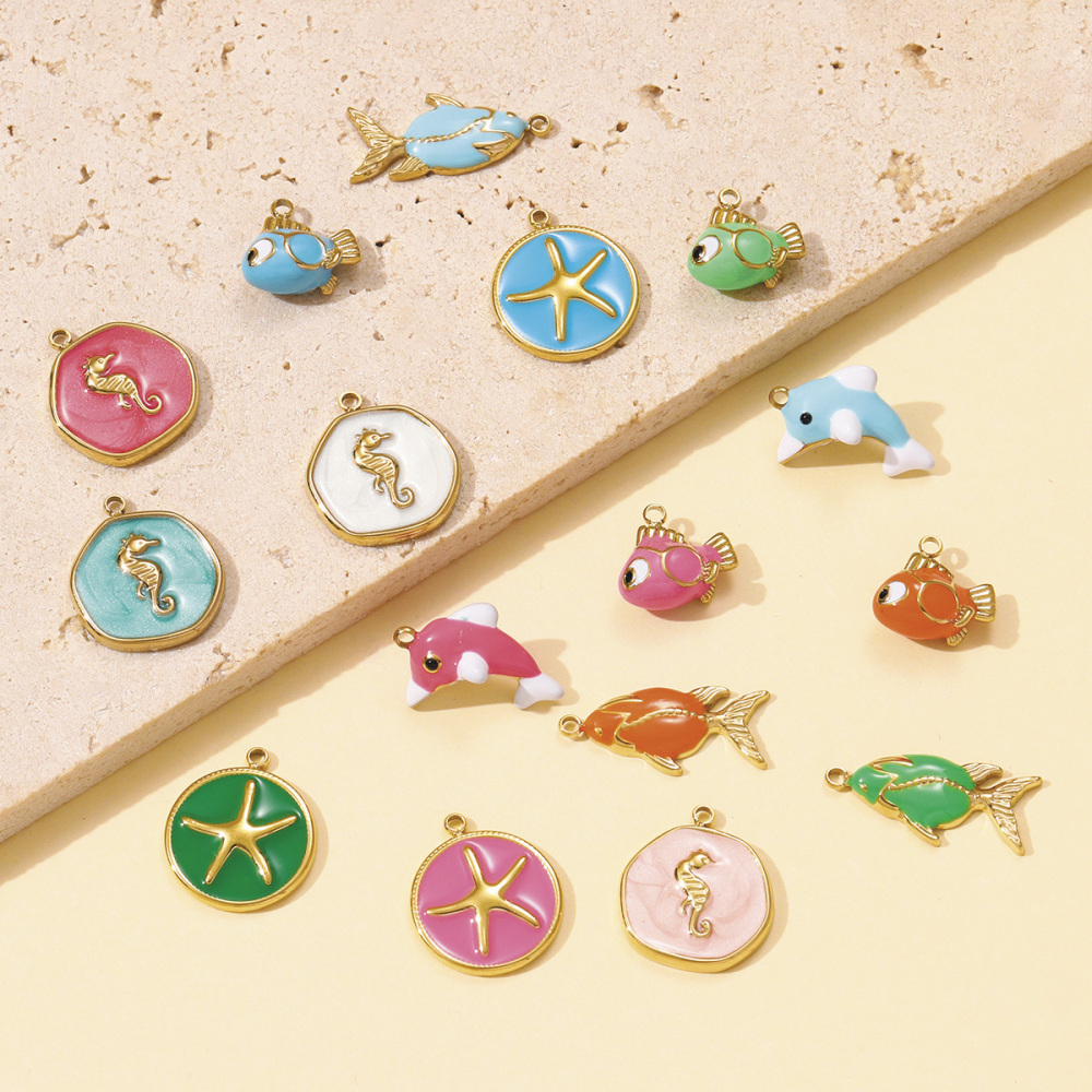 6pcs/pack Stainless Steel Enamel Starfish Seahorse Necklace Pendants Fish Dolphin DIY Bracelet Charms Women Ocean Style Jewelry